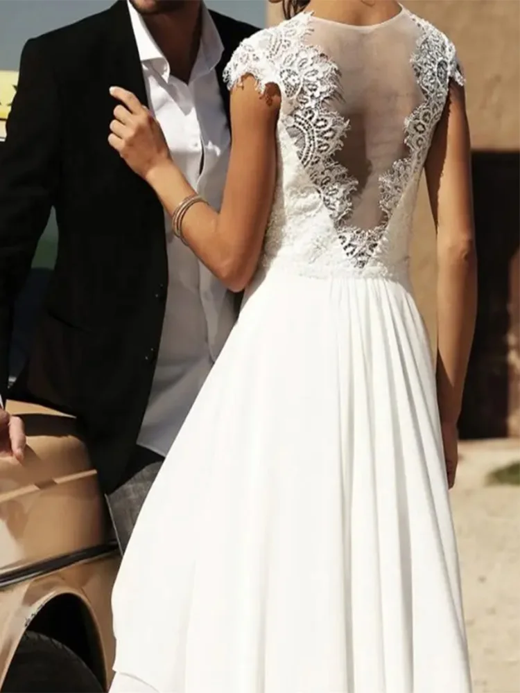 Vestido De Novia Alto y Bajo para mujer, traje bohemio De gasa con cuello en V, manga casquillo, ilusión trasera, India