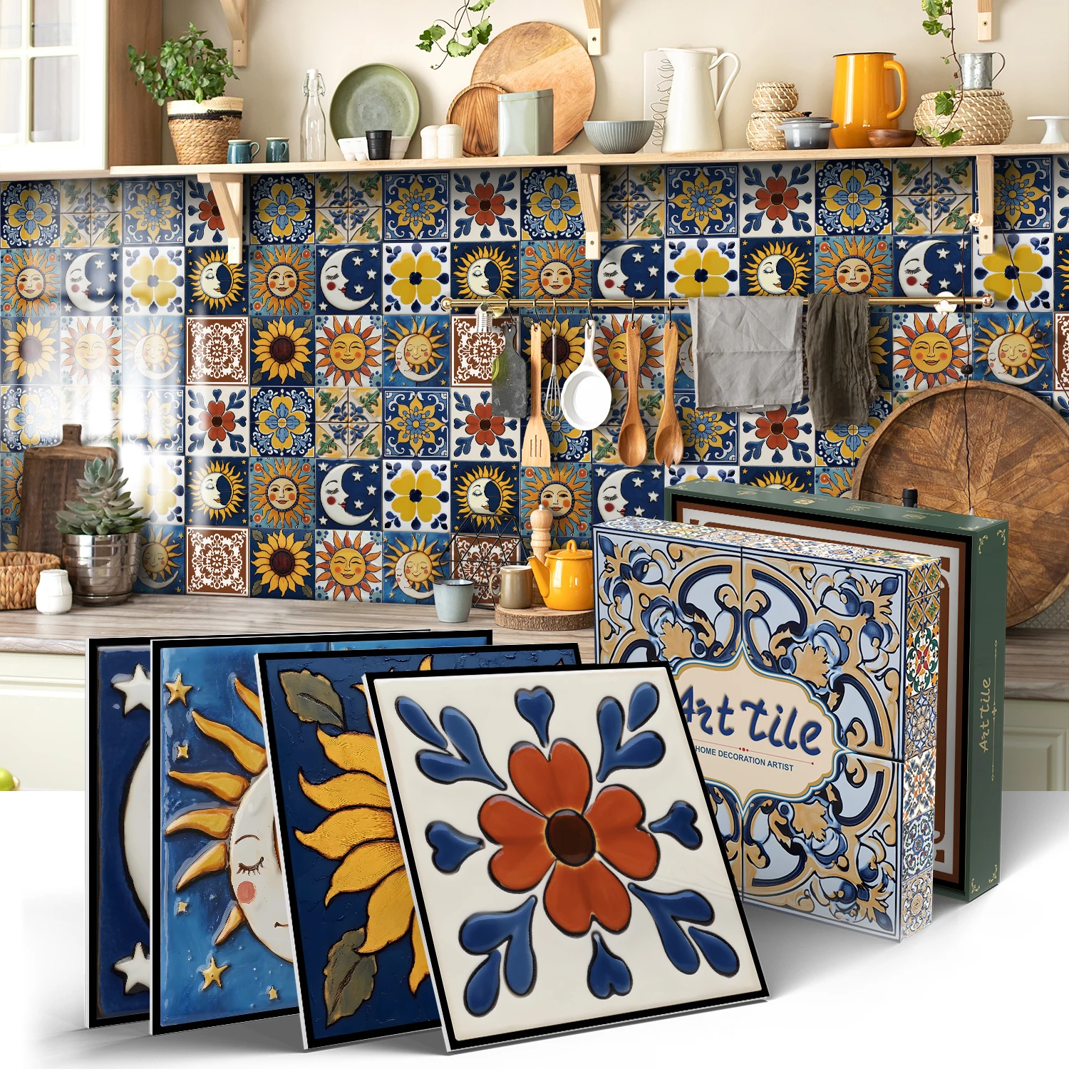 

Vintage Spanish Mosaic Tile Stickers, 5.91" Self Adhesive Waterproof Peel and Stick Backsplash for Kitchen Bathroom (12PCS)
