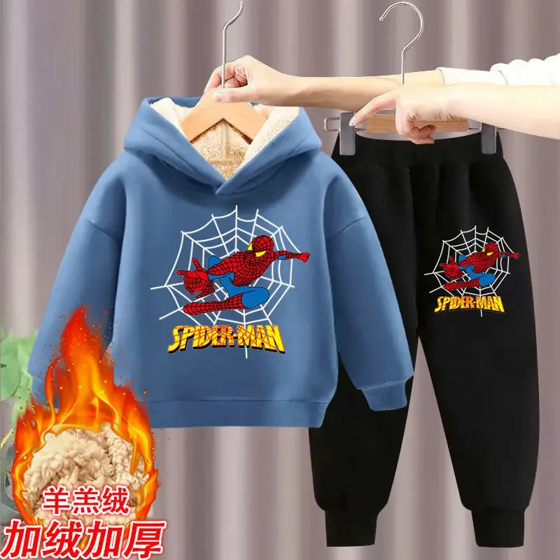 Spiderman winter velvet thickened boys\' sweatshirt 2024 new children\'s casual suit cartoon two-piece set student holiday gift