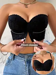 Women's sexy lace half-cup front buckle bra underwire push-up strapless bra anti-sagging side breast tightening for all seasons