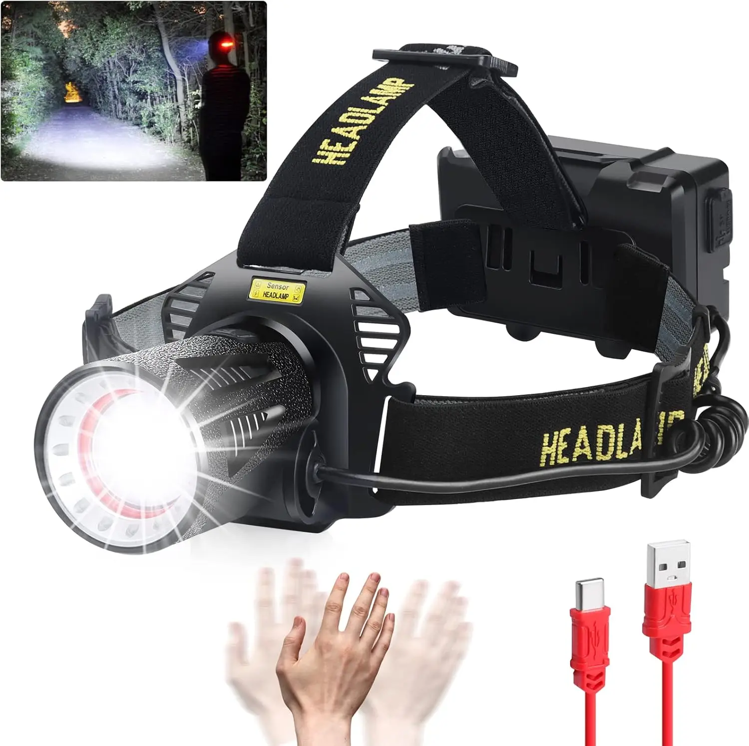 Rechargeable Super Bright Headlamp with Motion Sensor, 7 Modes, Zoomable, IP68 Waterproof for Camping Hunting Fishing
