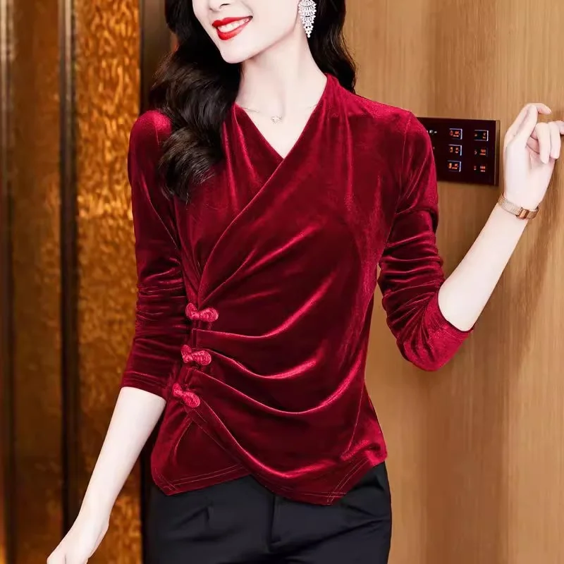 2024 Autumn New Women's Long Sleeved High End Velvet Button Up Shirt V-neck Cross Top Female Versatile Small Shirt External Wear