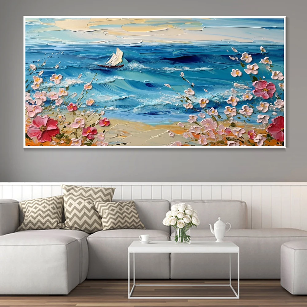 Hand Painted Oil Painting Blue Ocean Scenery Hand Knife Painting White Wave Texture Wall Art Pink Sakura Original Oil Painting