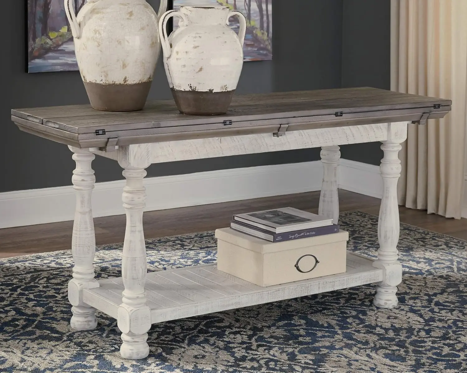 Farmhouse Sofa Table, Flip Top Design for Additional Dining Space and Fixed Lower Shelf, Gray & White with Weathered Finish