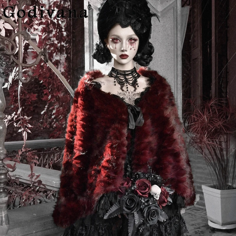 

Halloween Christmas Red Gothic Faux Fur Cloak Autumn Winter New Women's Plush Warm Soft Vintage Capes Ponchos Lady Short Jacket