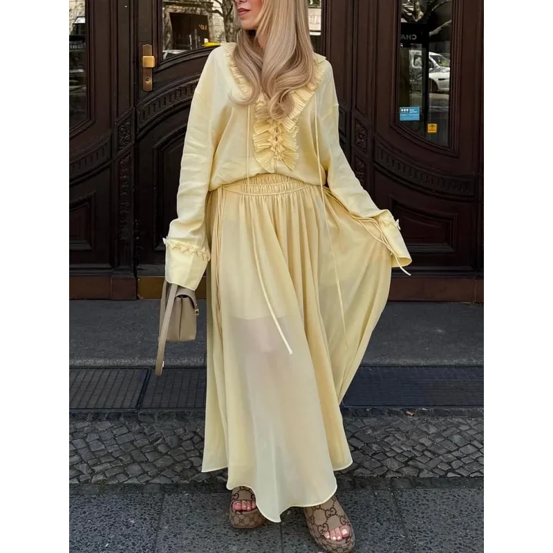Fashion Women's Yellow Chiffon Shirt And Skirt Set Summer Outfit with Tiered Lace-Up Design Pleated Long Skirt Zipper Closure