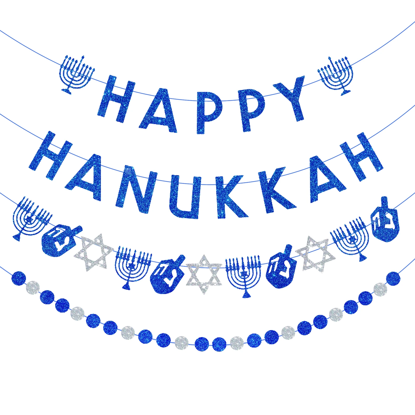 لافتة Happy Hanukkah and Garland Glitter Hanukkah Party Banner لوازم للمنزل والمكتب والديكورات الداخلية والخارجية