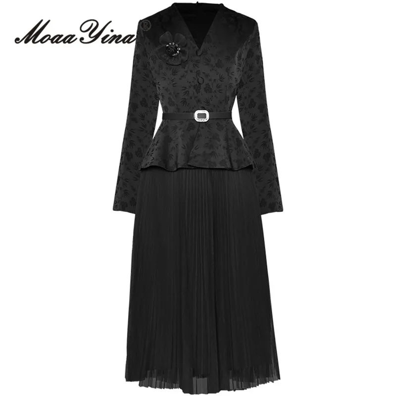 

MoaaYina Autumn Fashion Runway Black Vintage Spliced Dress Women V Neck Appliques Sashes Gathered Waist Slim Pleated Long Dress