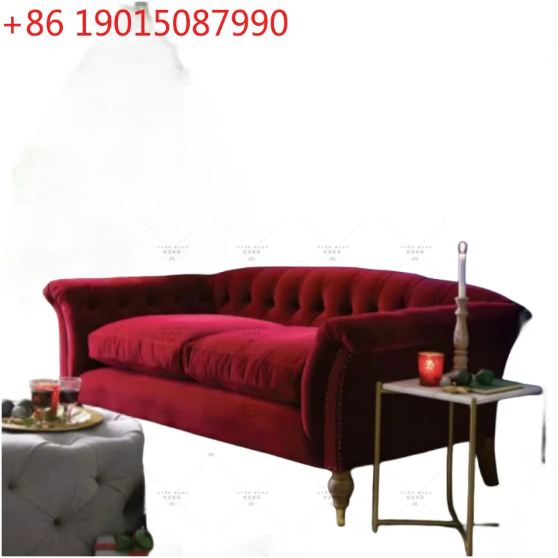 Velvet solid wood small apartment three-person sofa retro red buckle B & B fabric art living room sofa home