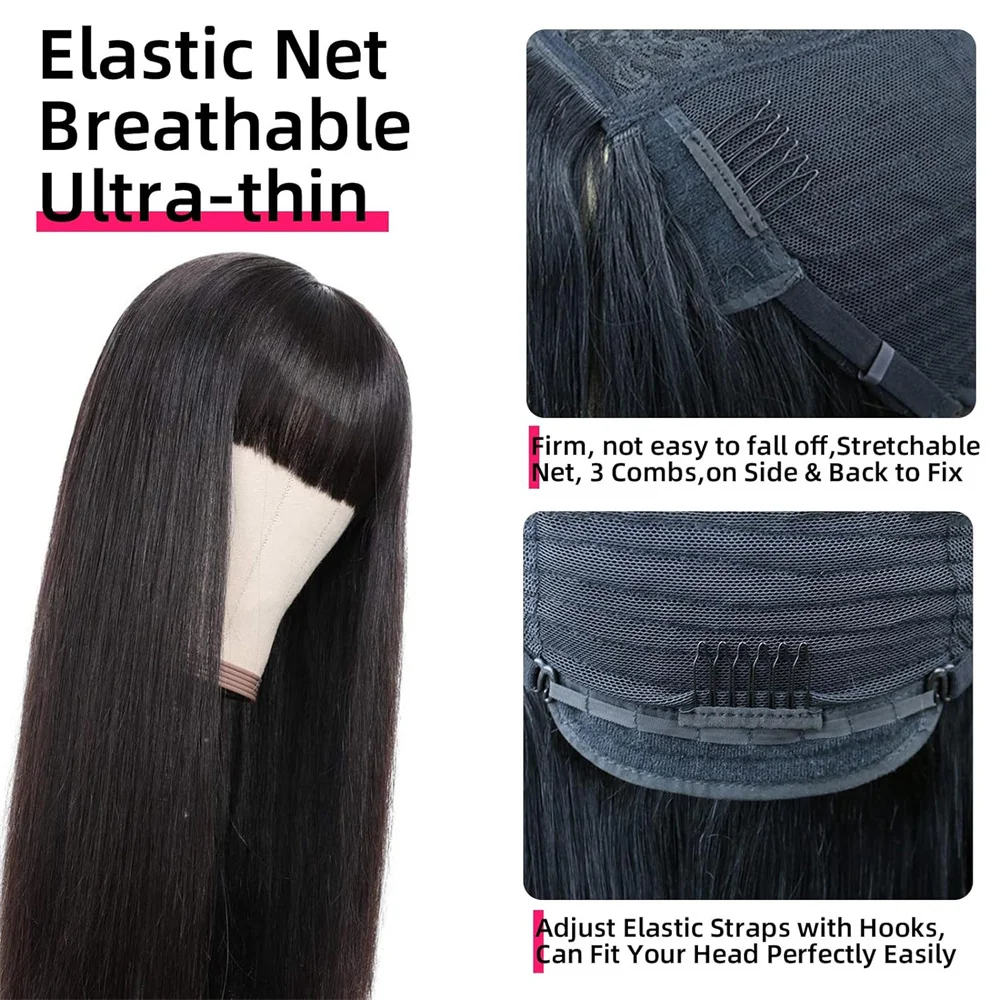 Perucas retas de cabelo humano com franja para mulheres, peruca cheia de máquina, cabelo brasileiro, preto natural, perucas baratas