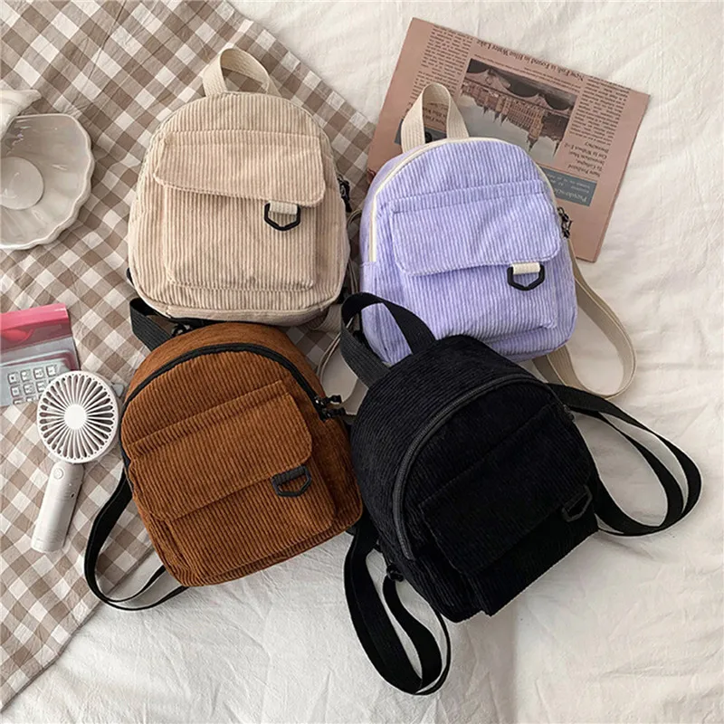 Women's Mini Backpack Fashion Solid Color Corduroy Small Simple Casual Traveling Large Capacity Durable Female's Schoolbag Study