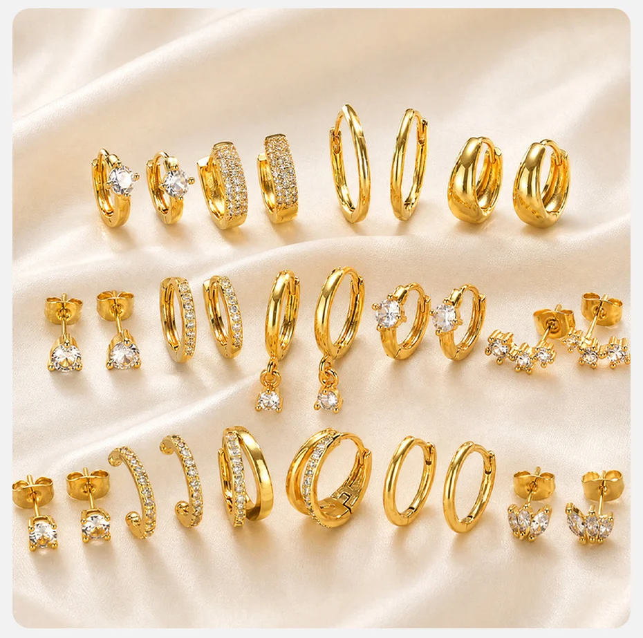 Vnox Elegantes Creolen-Set für Damen, vergoldet, glänzende Zirkon-Ohrstecker, C-förmige Ohrklemme, Statement-Schmuck für trendige Partys – Detail 6