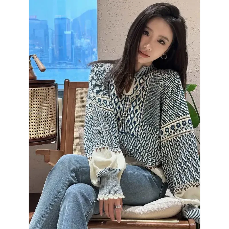 

Сине-белый фарфоровый жаккардовый цветной воротник-стойка, свободный вязаный женский топ с рукавами-фонариками в стиле ретро