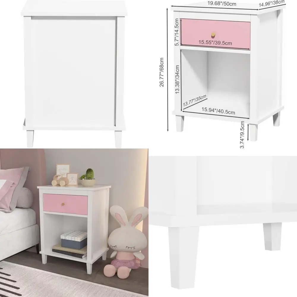 

Pink Children's Bedroom Nightstand with Drawer and Shelf, Suitable for Kids' Room or End Table