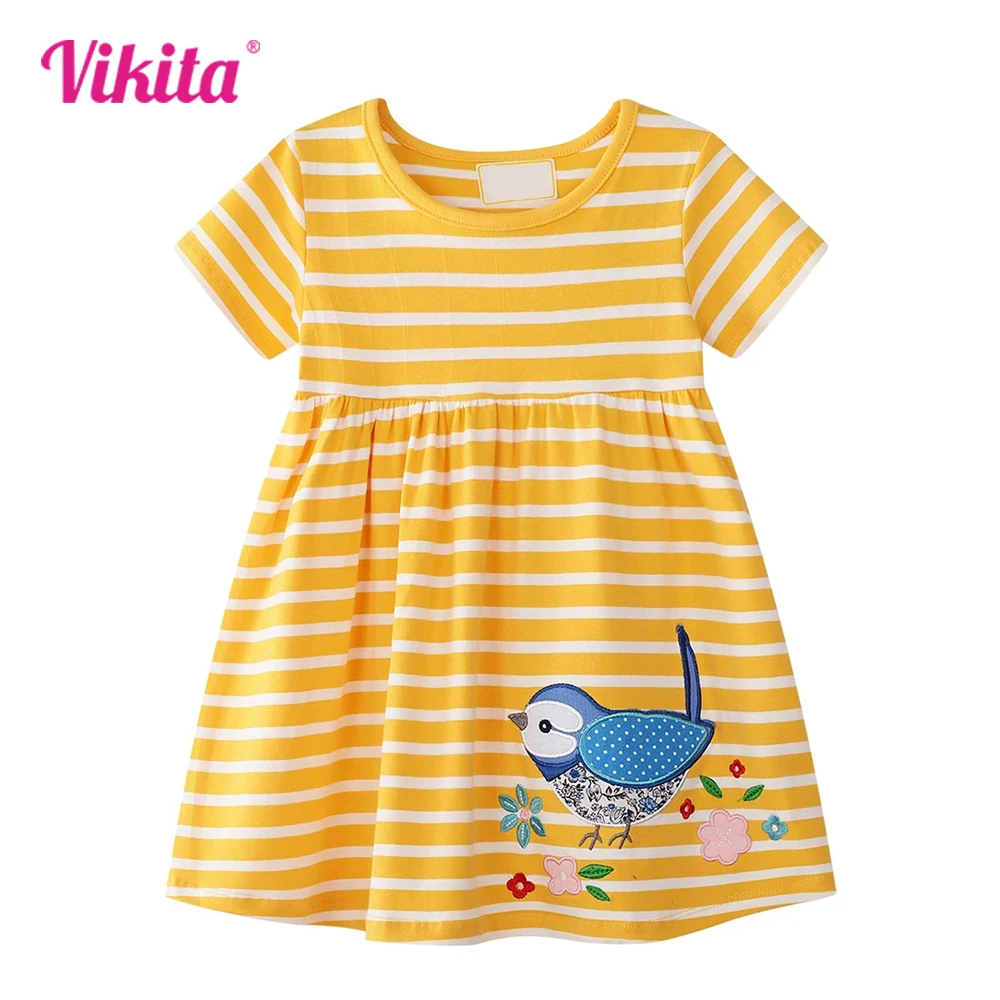 

VIKITA Girls Floral Bird Cartoon Appliqued Dress Kids Short Sleeve Summer Cotton Casual Striped Straight Dress Kids Clothes 3-7Y