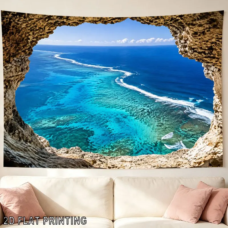 Realistic Tropical Ocean View Tapestry Wall Hanging Sea Cave Coastal Paradise Art Print Polyester Decor for Living Room Bathroom