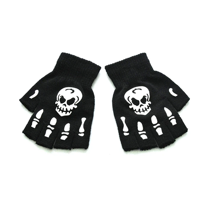 Fashion Halloween Style Gloves Luminous Horror Skull Bone Skeleton Half Gloves Novelty Unisex Mittens Winter Warmer Gloves