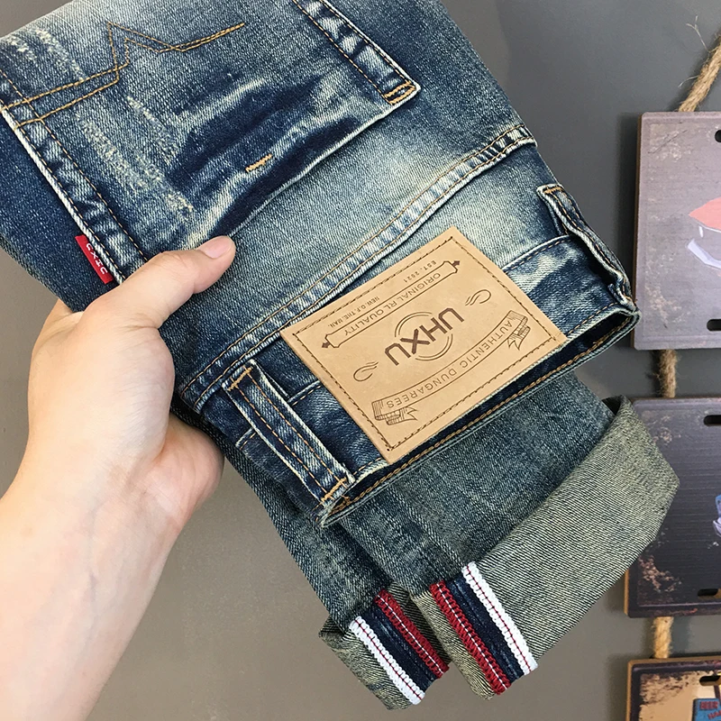 

Light Luxury American Vintage Denim Jeans for Men Summer Trendy Brand Distressed High-Street Regular Straight Stretch Pants