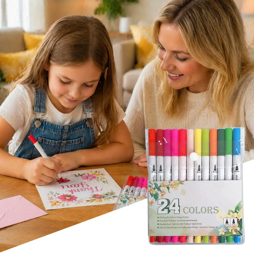 Double-ended Markers Drawing Markers Set with Brush Fine Tips Washable Water-soluble Ink for Hand-drawn for Calligraphy for Kids