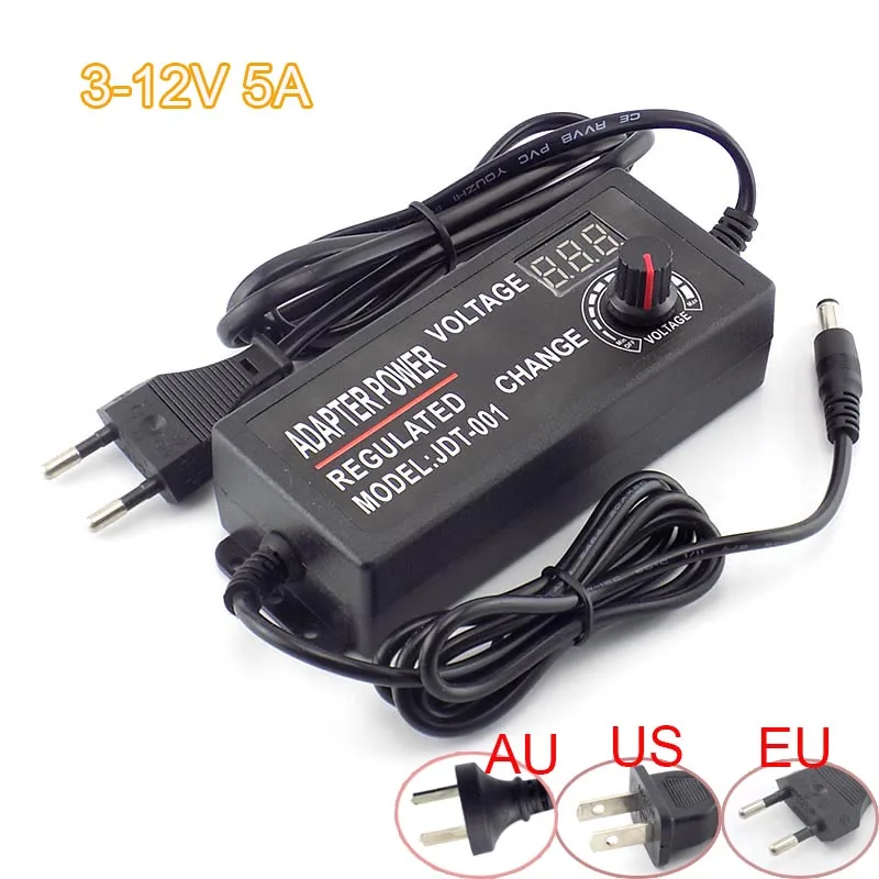 Ac 100-220V Naar Dc 3-12V 5a Verstelbare Power Adapter Voeding Cctv Camera Voor Led Strip Licht Scherm Oplader L19