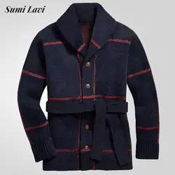 Fashionable Lace-up Belt Mens Sweatercoats Autumn Winter Outdoor Casual Knitting Jacket Coat Men Vintage Striped Sweater Jackets