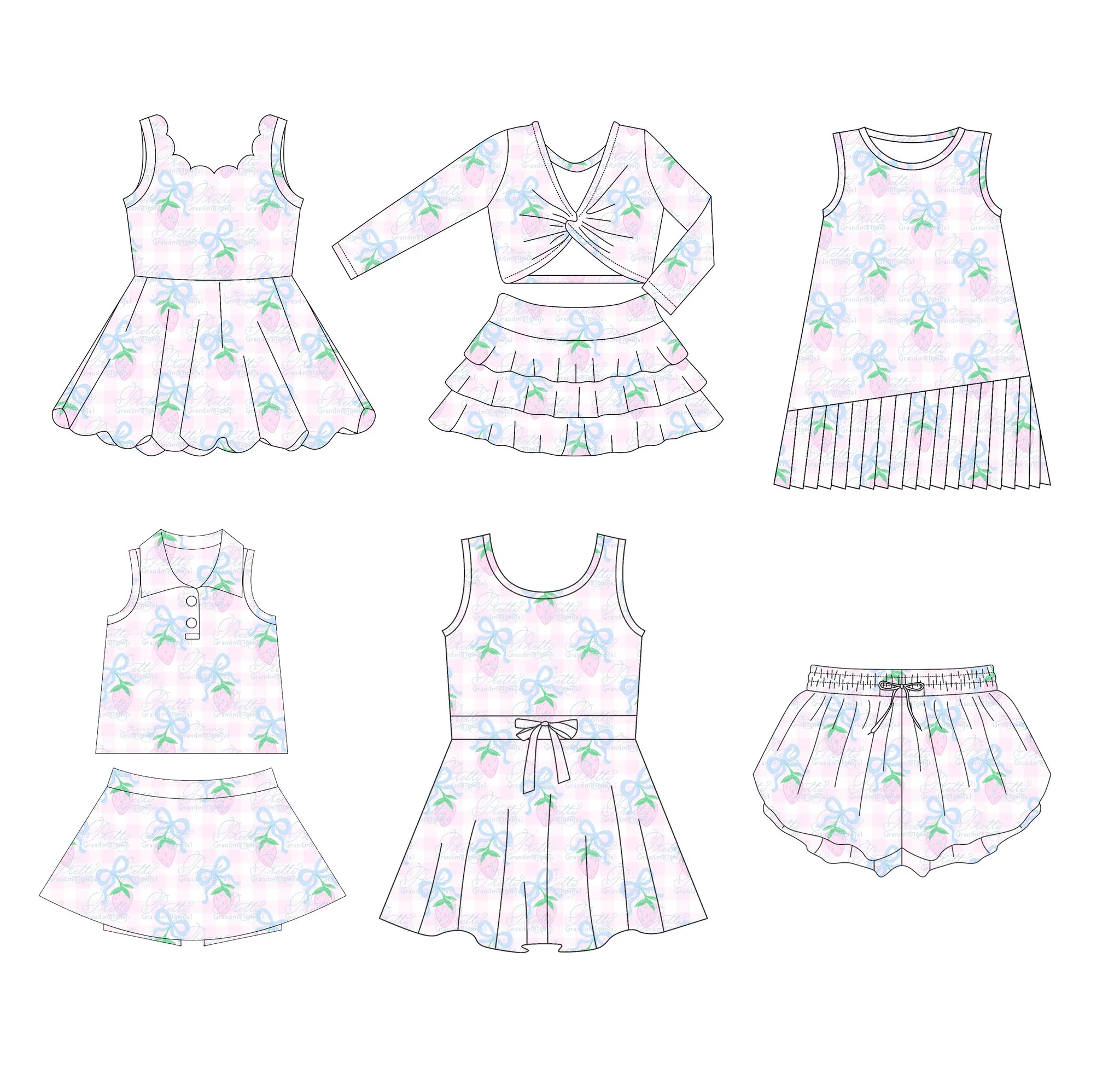 New hot selling lapel sleeveless bow strawberry print culottes girls set suspender dress 6 piece set boutique children's clothes