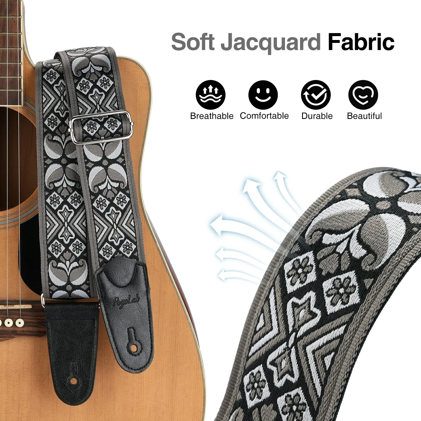 PGS-12 Guitar Strap 2 inch Wide Embroidery Cotton Electric Acoustic Bass Straps with 2 Strap Locks & 6 Guitar Picks & String