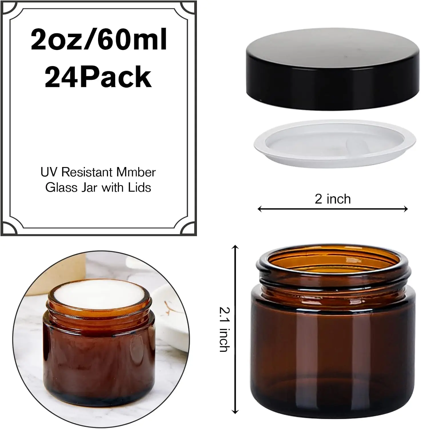 2oz Jars with Lids,  24 Pack Amber Glass Jars with Lids Empty Cosmetic Containers Round Airtight Glass Jar with Inner Liners