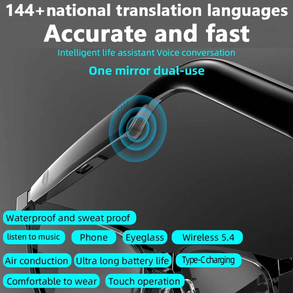 نظارات ترجمة ذكية AI لإلغاء الضوضاء، نظارات مترجم ذكية، نظارات شمسية للترجمة في الوقت الحقيقي للمكتب والمدرسة