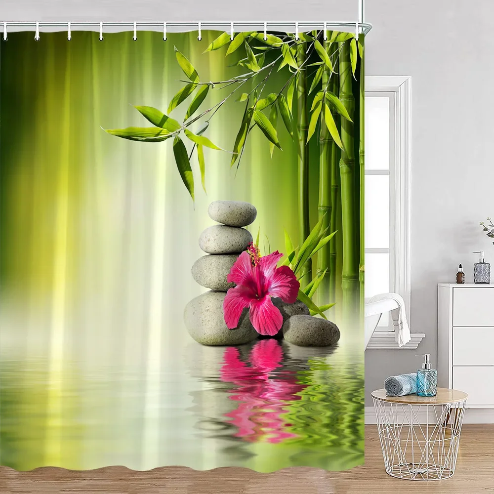 Zen Green Bamboo Shower Curtain Orchid Buddha Meditation Black Stone Candle Stream Plant Bathroom Decor Polyester Bath Curtain