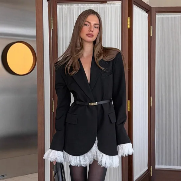 

2025 Autumn New Style V-neck Lace Trim Black Long Blazer for Women Mature and Sophisticated Style