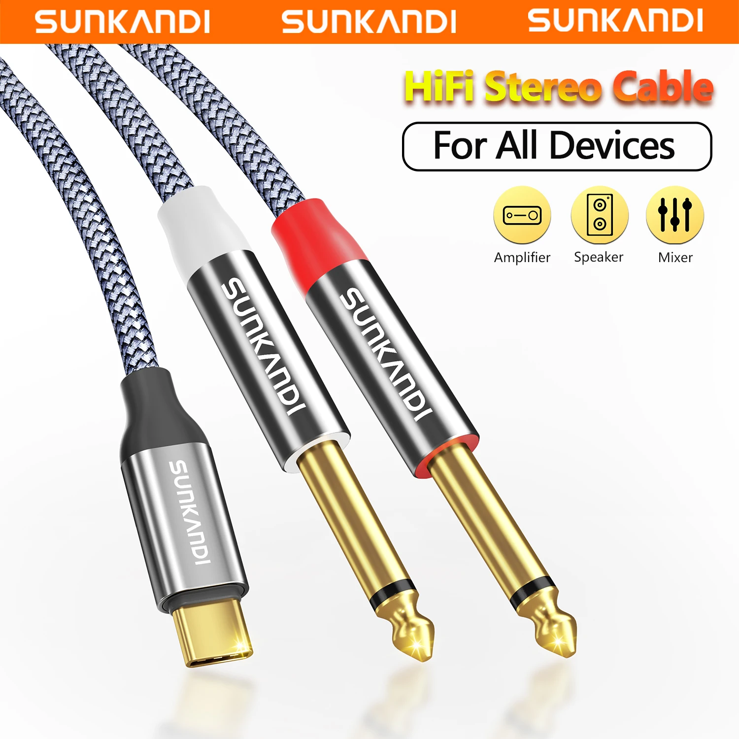 SUNKANDI USB C Dual 6.35mm TRS Stereo, Type-C to Dual 6.35mm TS Splitter for IPhone16 15, MacBook, Galaxy, Mixer, Amp, Speaker