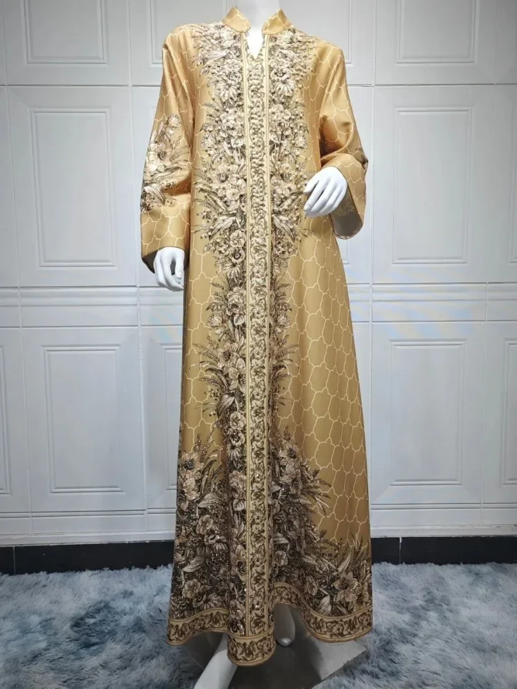 

Ramadan Moroccan Jacquard Abaya Dubai Beaded Bright Line Decoration Kaftan Luxury Woman Evening Dress 2025