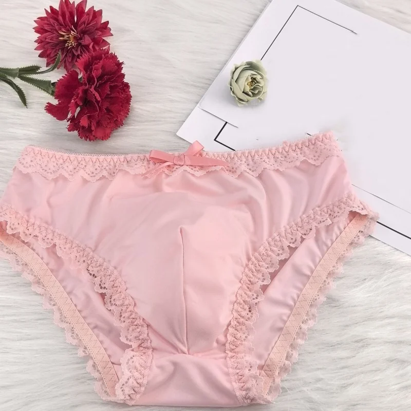 Calzoncillos de Satén Sedoso Rosa para Hombre, con Encaje y Lazo, Ropa Interior para Cross-dressing, Tacto Suave, Bolsa Convexa, Lencería Erótica LGBT