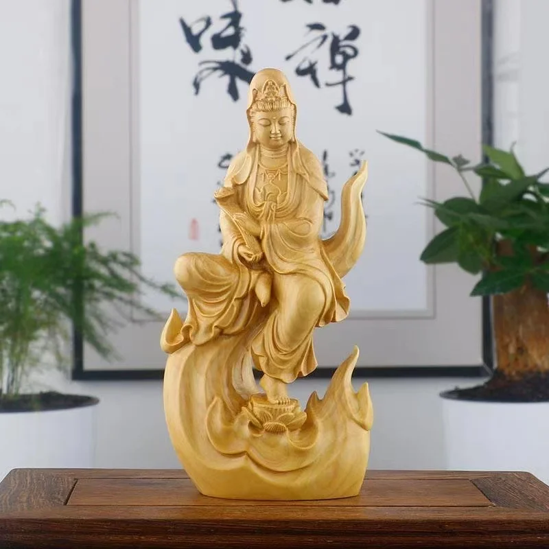 Natural Cypress Guanyin Decorative Figures Statue Solid Wood Carved Chinese Buddha Statues Home Room Office Feng Shui Art Statue