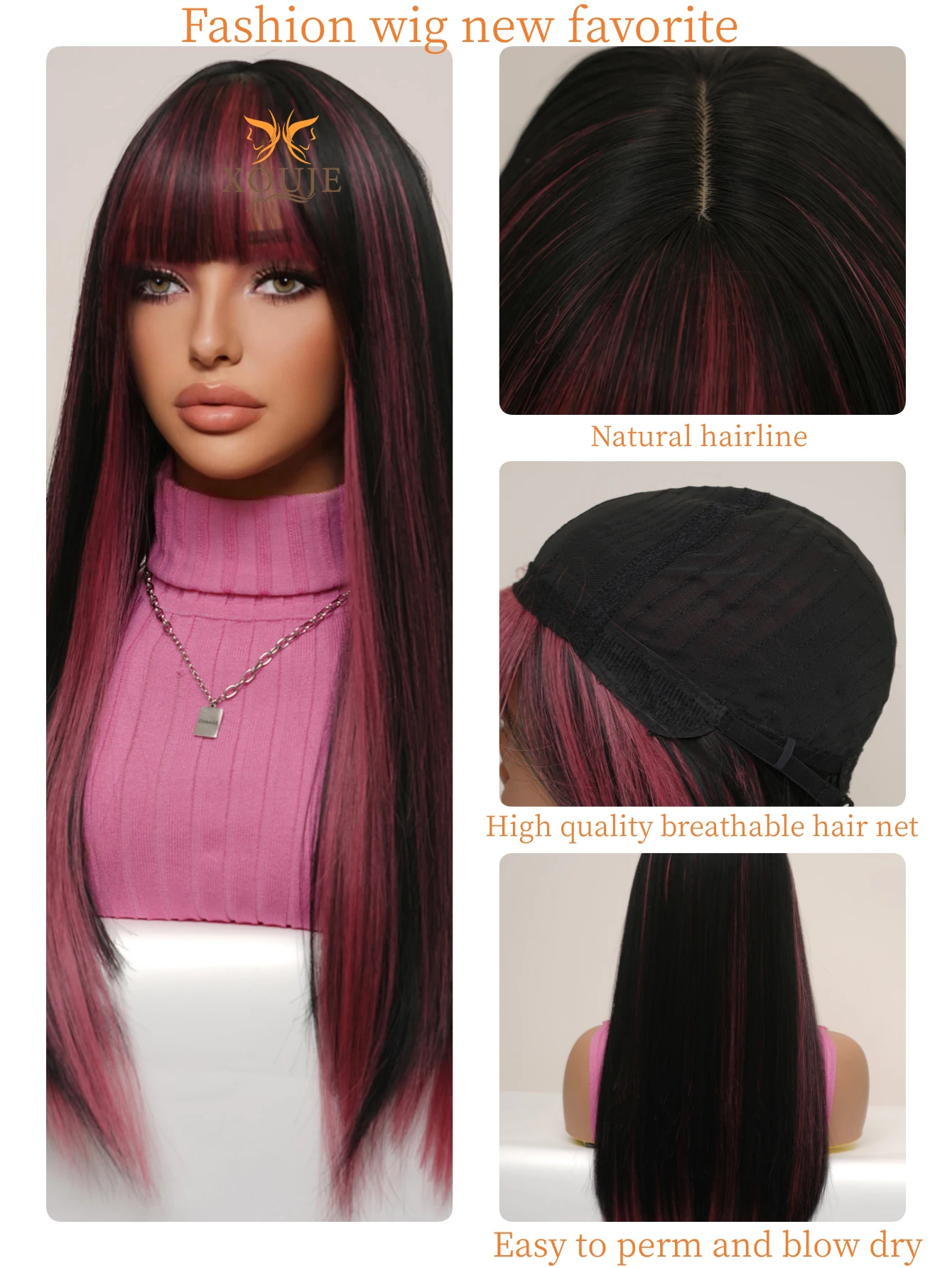 XOUJE Long straight hair black mixed pink synthetic fiber wig with bangs for attractive women suitable for daily cosplay use