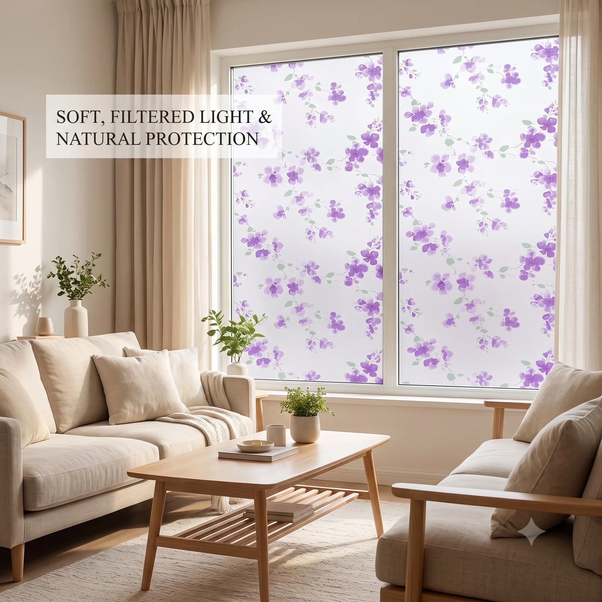 Película Autoadhesiva Decorativa para Ventanas con Diseño Floral Morado, Vinilo Esmerilado para Privacidad, Anti-UV, Bloqueador de Calor, Impermeable, Día y Noche