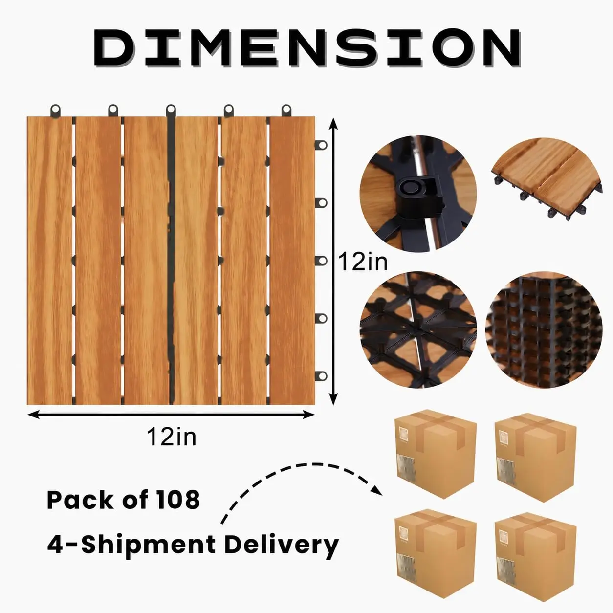 Solid Acacia Wood Interlocking Deck Tiles, 12 x 12 Inch Waterproof Snap Together Wood Flooring for Patio, Balcony,Customized