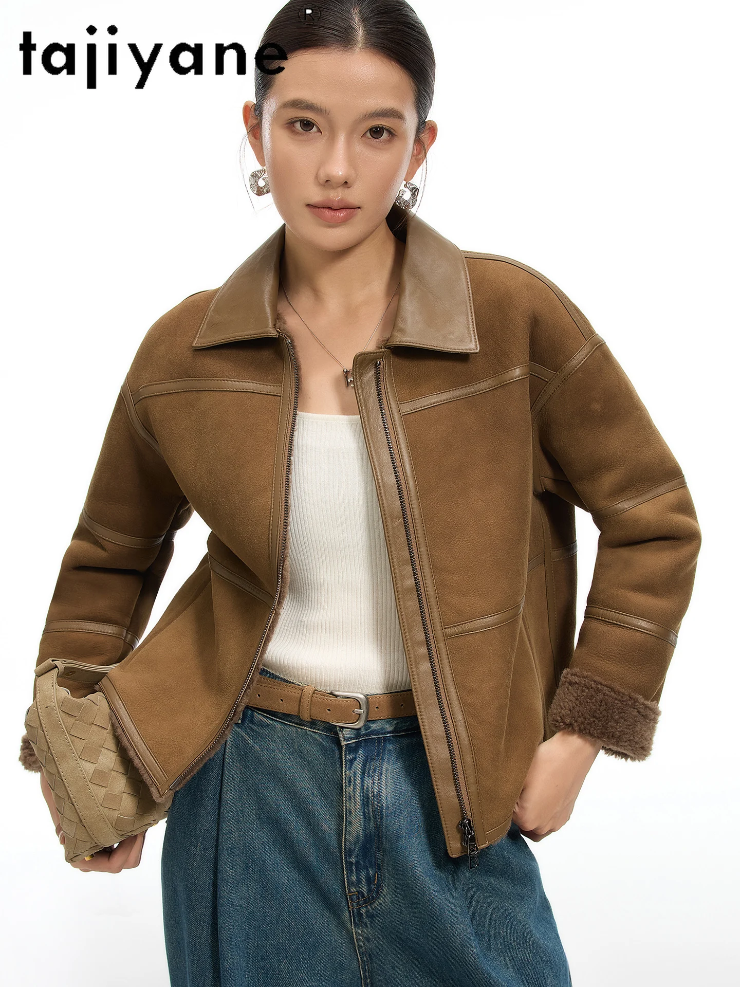 TAJIYANE صوف ميرينو الطبيعي جلد الغنم مزدوج الوجه الفراء معطف قصير امرأة أنيقة سترات من الفرو الحقيقي الشتاء ملابس حريمي 2025 schuba