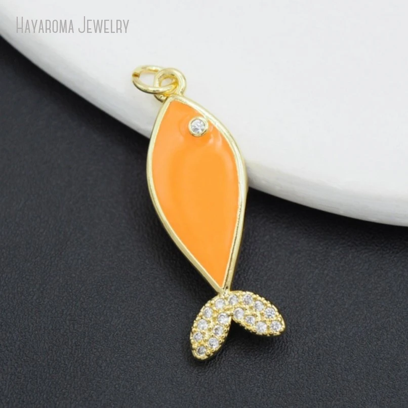 2Pcs Gold Color Enamel Jewelry Metal Cubic Zirconia Orange Wholesale Copper Nautical Marine Organism Fish Pendant PM51727