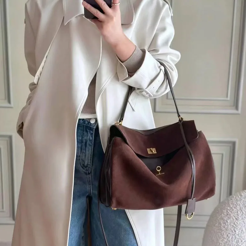 Luxury Brand Rodeo Women Bags Genuine Leather Brown Suede Totes Gold Buckle Shoulder Bags Fashion Crossbody Lady Handbags