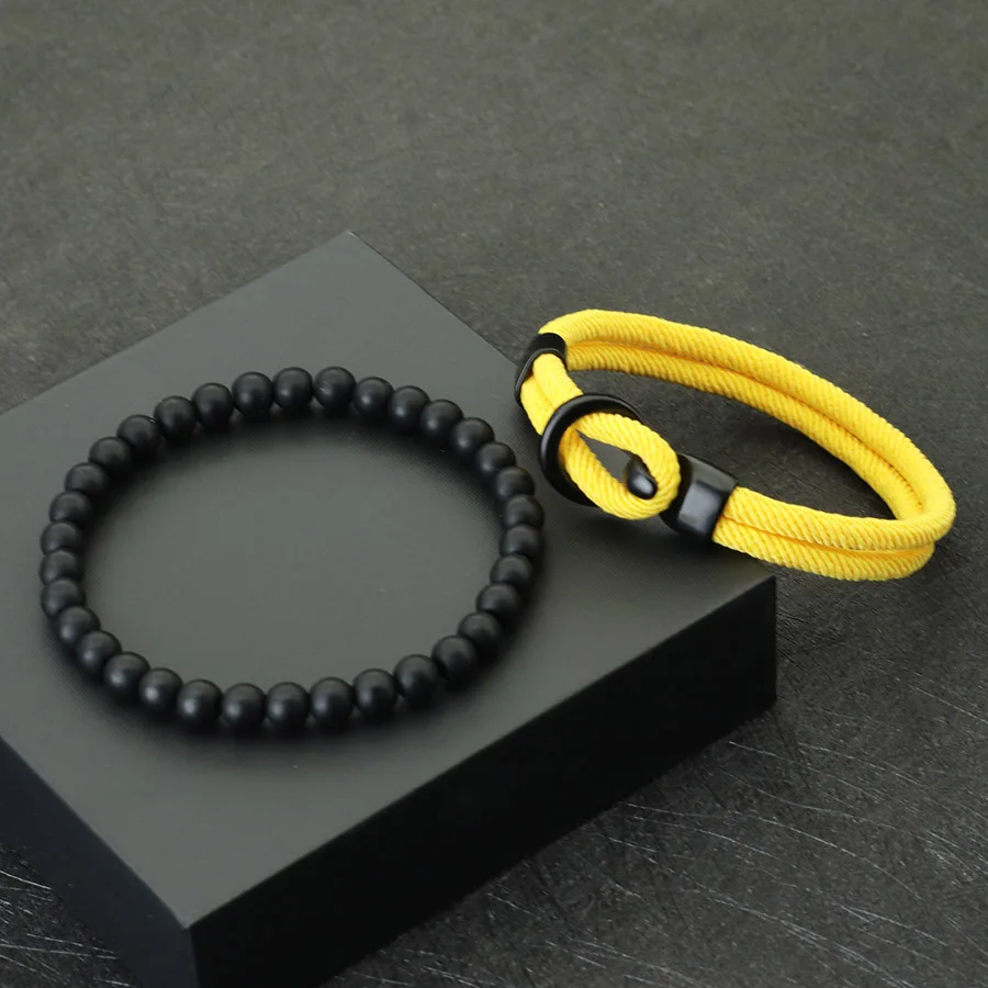 Fashion Mens Bracelet Set Lucky Thread Wrap Braclet Meditation Onyx Stone Beads Braslet Hombre Hand Accessories Fabric Jewelry