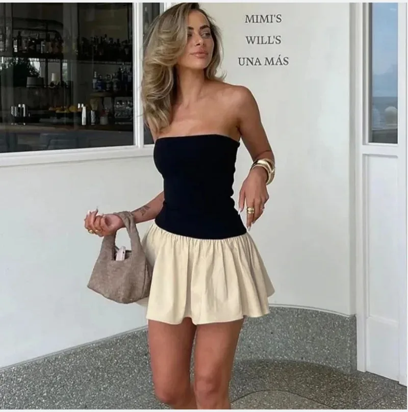 Cross-border Women's Clothing 2024 Summer New Fashion Strapless Color Collision Splicing Pleated Slim Dress Women's Dress