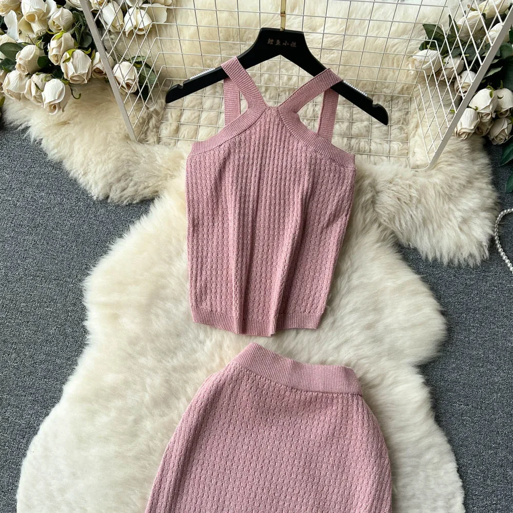 Shining blingbling Summer Women Knit Two Piece Sets Sexy Spaghetti Strap Short Crop Top+ Elastic Long SKirt Solid Women Suits