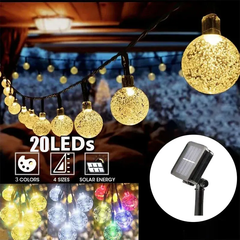 Solar Crystal Ball LED String Lights, Fairy Lights, Guirlandas para festa de Natal, Decoração ao ar livre, 8 modos, 5.5m 20Lamp