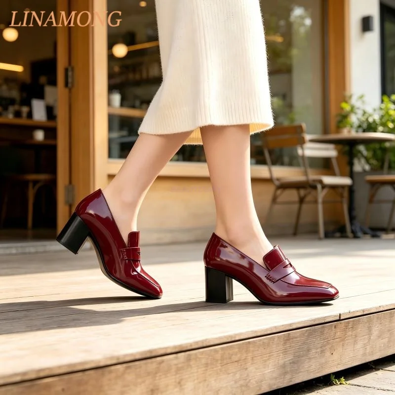 Square Toe Glossy Loafer Block Heel Slip On Patent Leather Retro Mid Block Heel Formal Office Daily Closed Toe Fashion Pumps