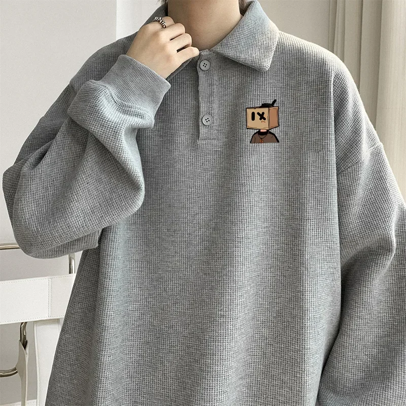 American Retro Pullover felpa con colletto da uomo primavera autunno vestibilità ampia Ins Polo a maniche lunghe minimalista grigio alla moda