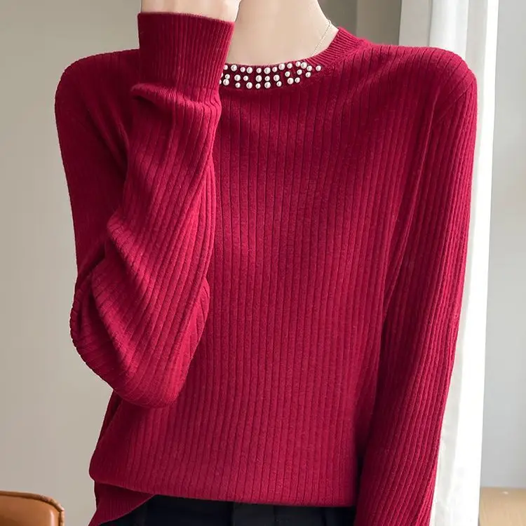 

Knitting Woman Clothes New Beading Knitwear Tops Elegant Women's Sweater Long Sleeve Pullover Blouse Pulls Femmes Basic Jumper