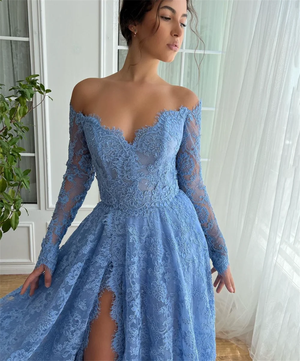 Jessica Blue Wedding Dress Glitter Luxury Lace Long Sleeves Elegant Prom Dresses A-line Formal Occasions Vestidos De Fiesta