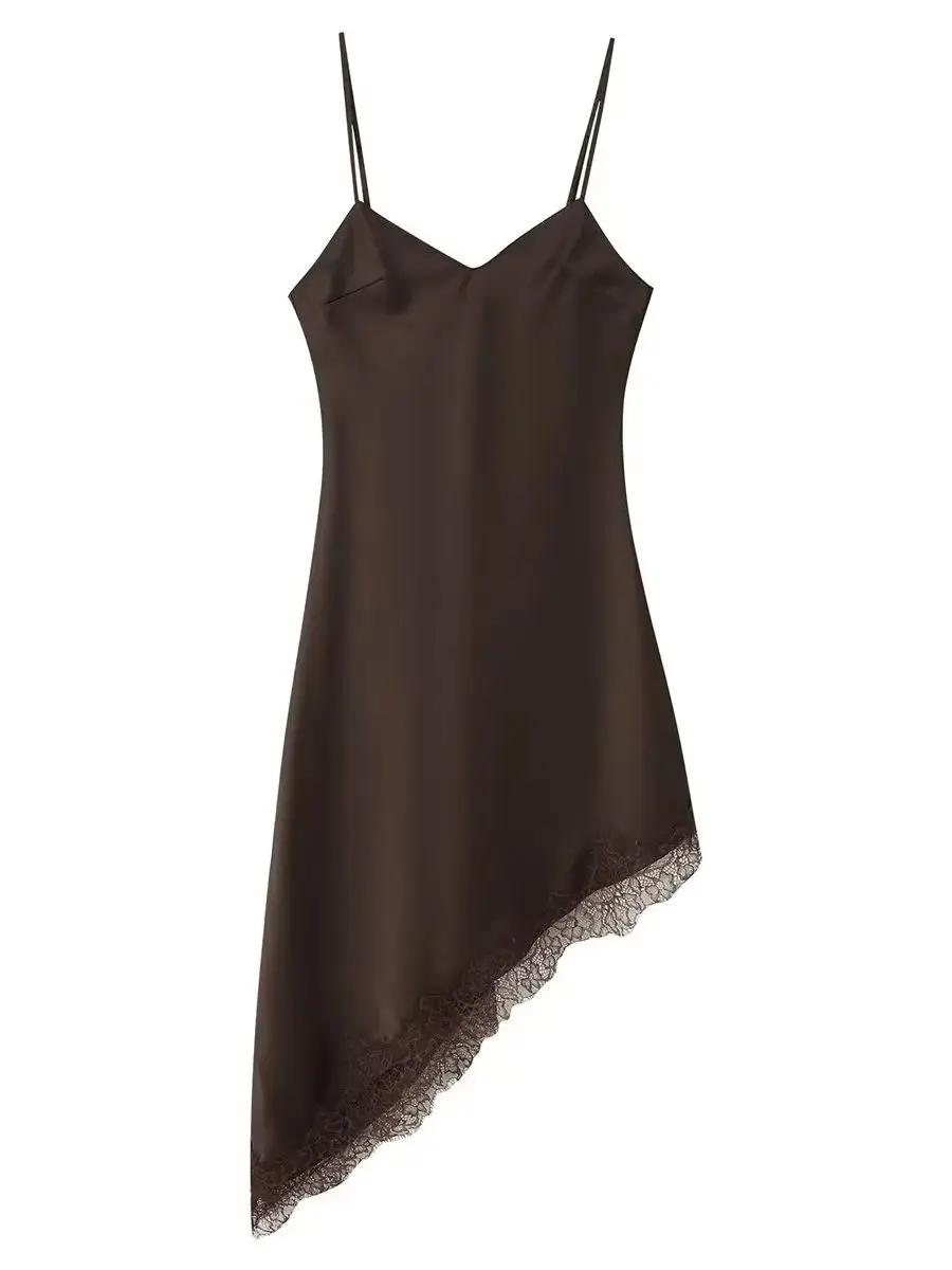 2027 Women Elegant Irregular Hem Satin Lace Splicing Sling Dresses Lady Vintage Backless Sleeveless Gown Chic Party Club Vestido